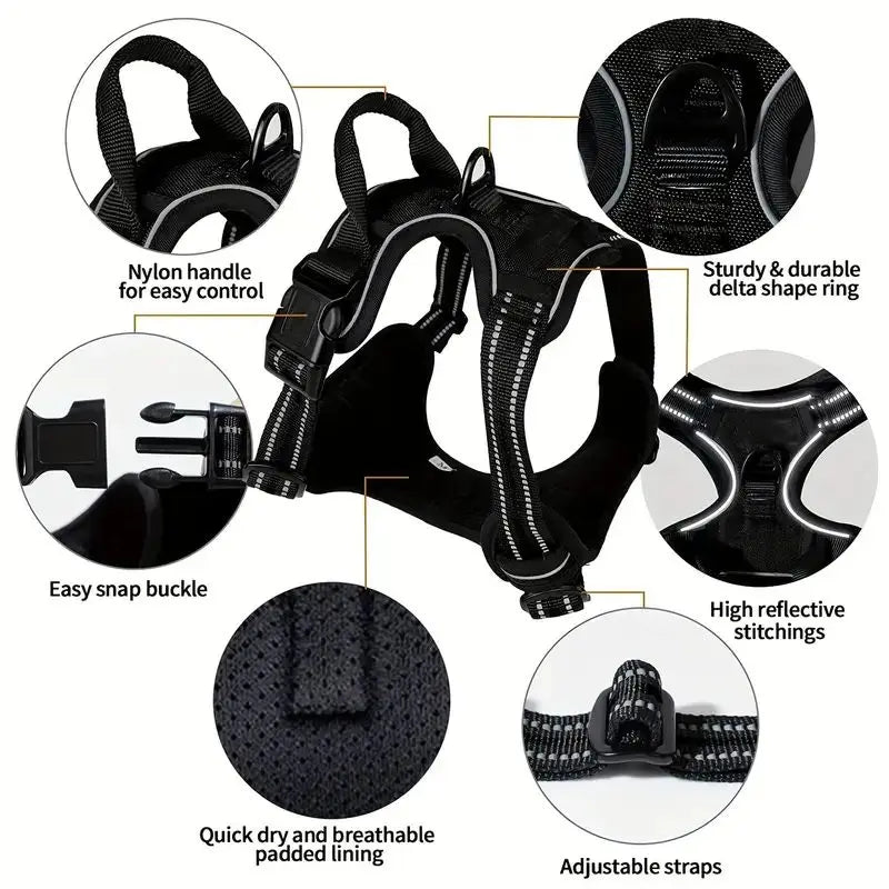 Dog Harness No Pull with 2 Leash Clips, Adjustable Soft Padded, Reflective Oxford No Choke Pet Vest with Easy Control Handle PawsnHeart