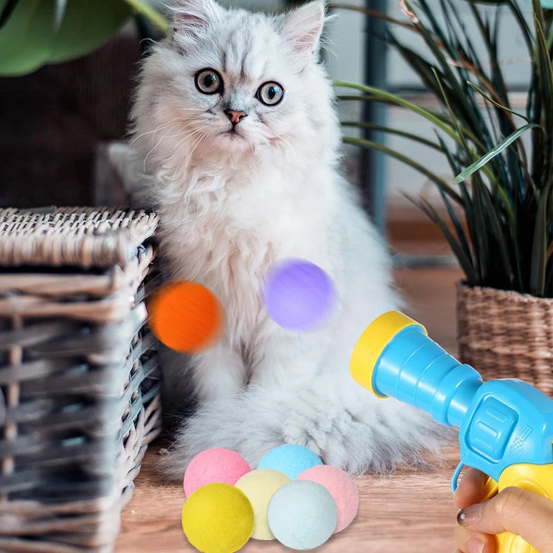 Cat Toys Interactive Launch Training Toy For Pet Kitten Creative Mini Shooting Gun Games Stretch Plush Ball Toys Pet Supplies PawsMagics