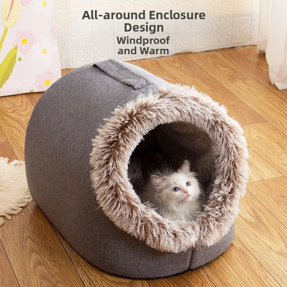 New Warm Winter Cat Bed Wrap Integrated Cat House Comfort with Handle Pet Cave Cats Dogs Furniture PawsnHeart